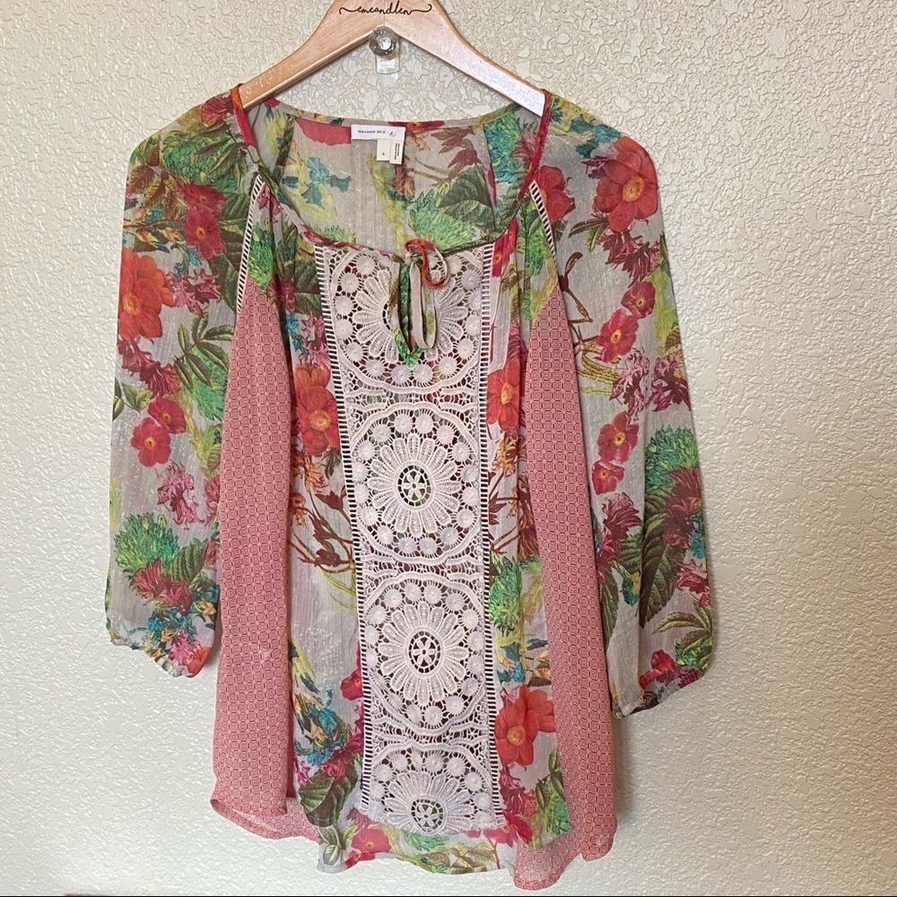 Meadow rue Anthropologie 3/4 sleeve floral blouse‎ shirt small red cream